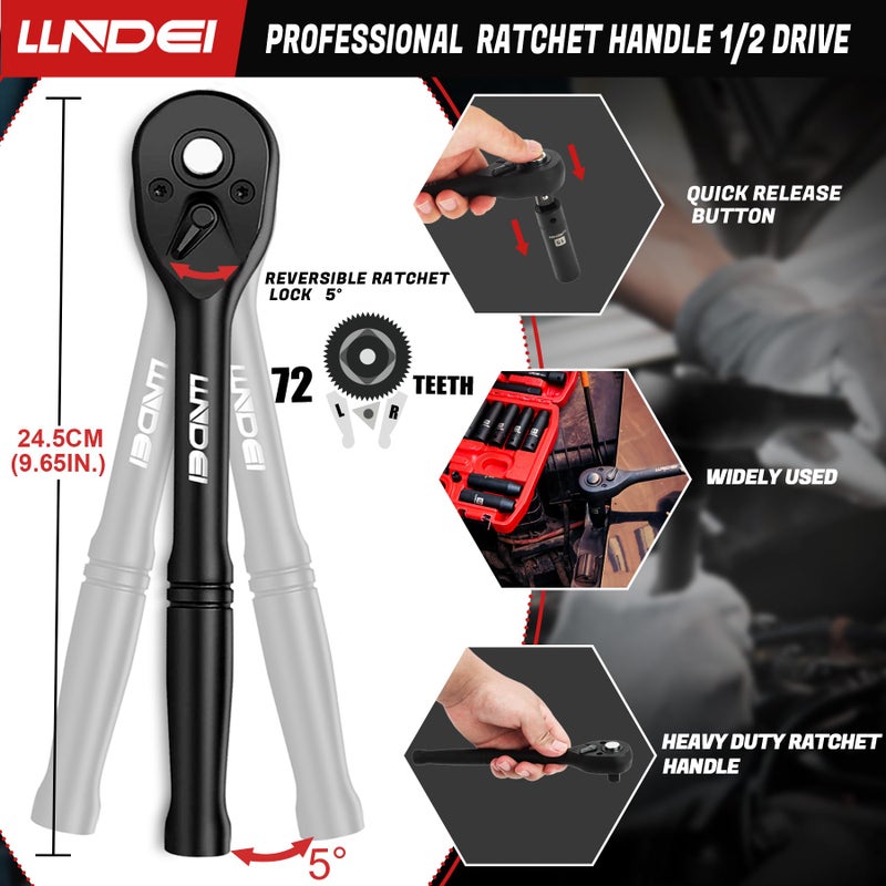 LLNDEI 1/2-Inch Drive Ratchet Impact Socket Wrench Set Deep Sockets(8-24mm) Spark Plug Socket(16 21mm) 49PCS  CR-V  Metric Combination Wrenches (8-17mm) 72T Ratchet Handle for Mechanics - Image 5
